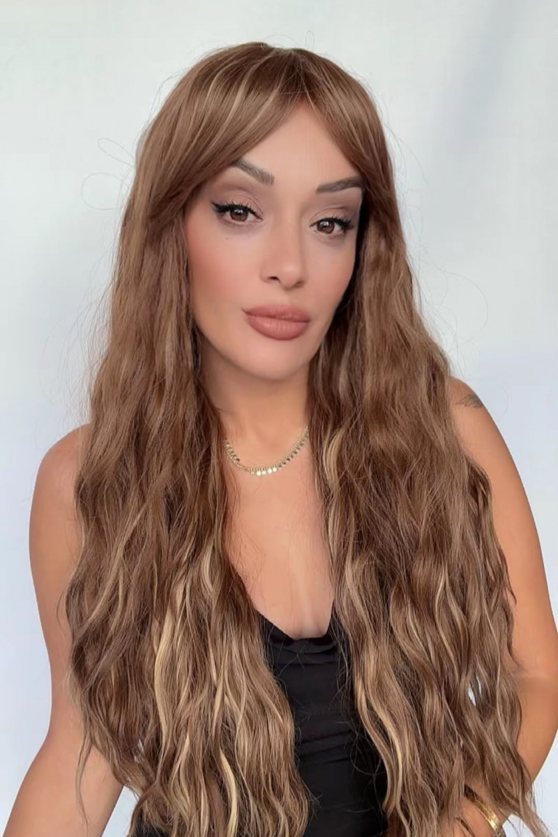 Akdeniz Balyajı Işıltılı uzun doğal dalgalı Medikal peruk