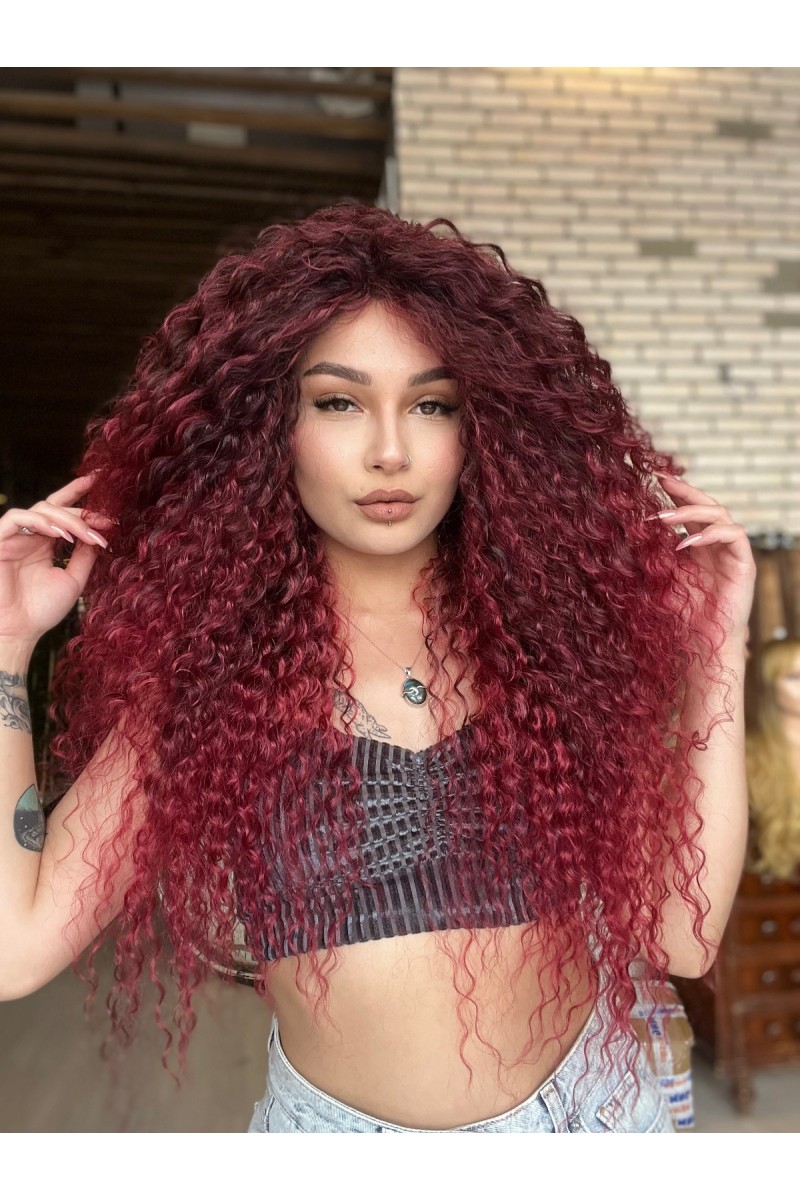 Afro Dalgalı Kızıl ombreli Medikal Özel El yapımı peruk