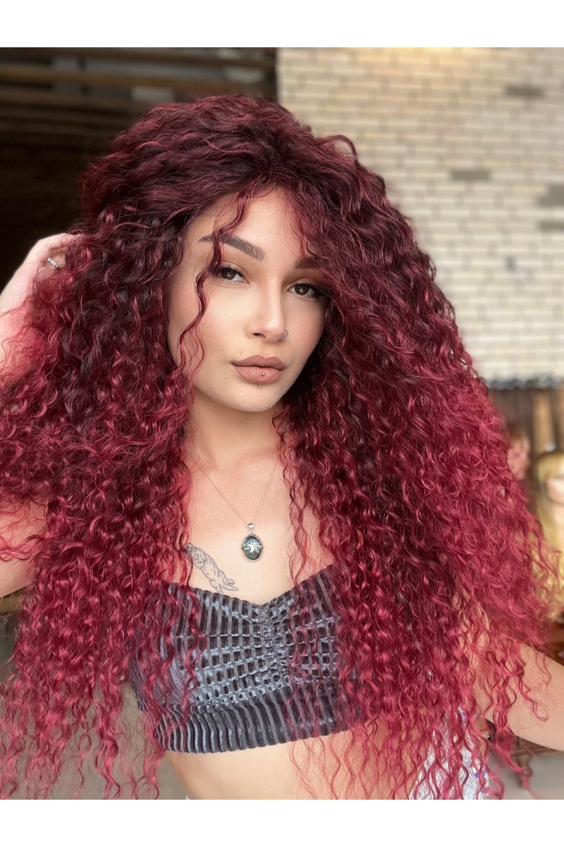 Afro Dalgalı Kızıl ombreli Medikal Özel El yapımı peruk