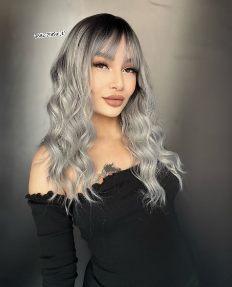 Dalgalı Kısa Perçemli Fiber Sentetik Peruk - Siyah / Gri Ombreli