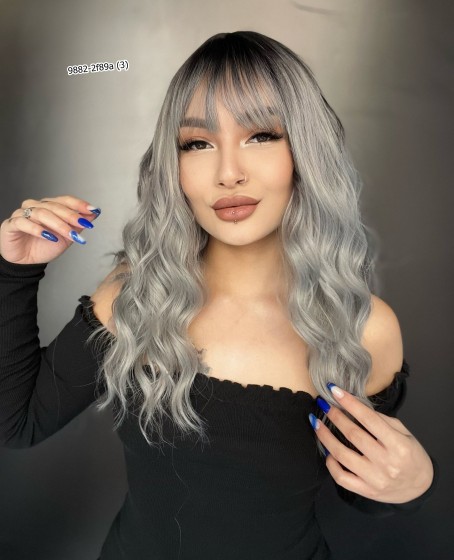 Dalgalı Kısa Perçemli Fiber Sentetik Peruk - Siyah / Gri Ombreli