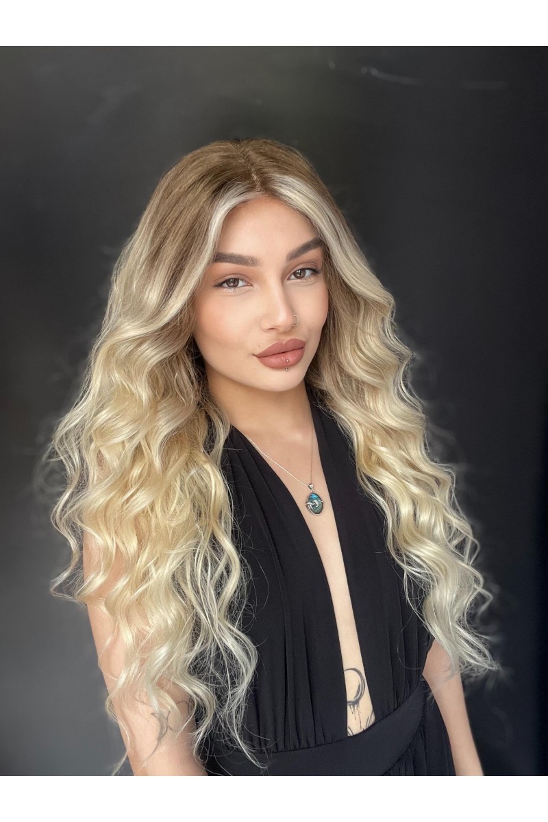 Doğal saç 60 cm Ombreli Gerçek Saç Tül peruk Kişiye özel ombreli